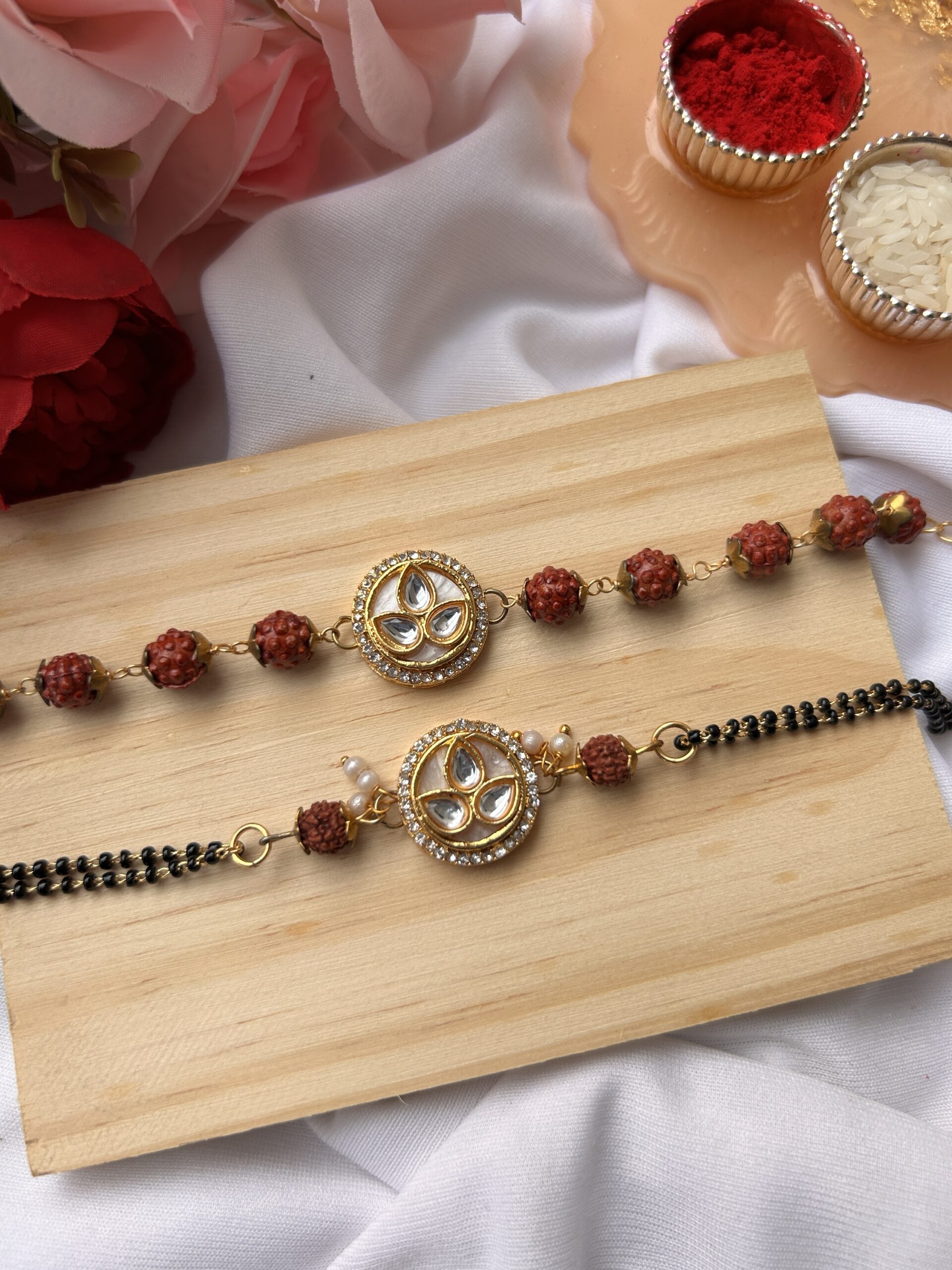 Premium rudraksh bracelet couple rakhi set - Image 2