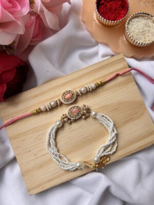 Couple Premium pink pearl bracelet rakhi set
