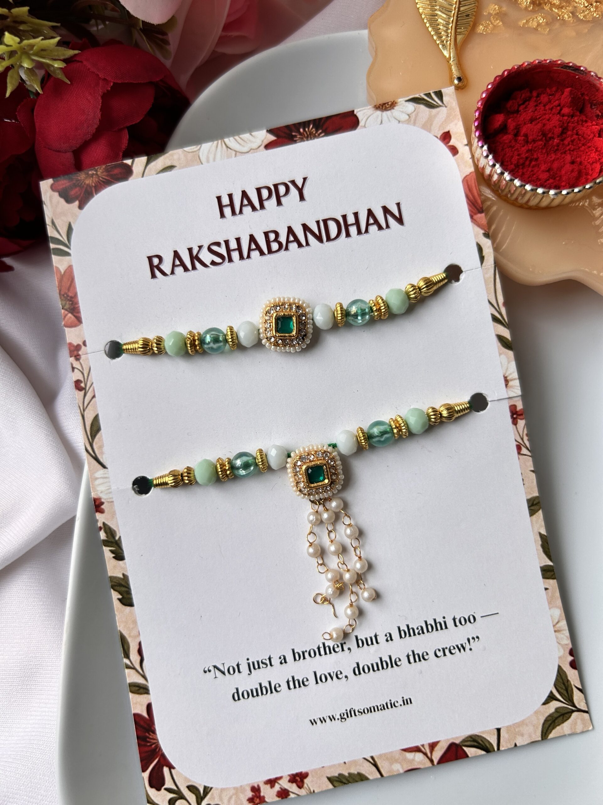 Premium green kundan pearl couple rakhi set - Image 2