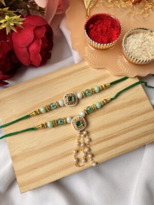 Premium green kundan pearl couple rakhi set