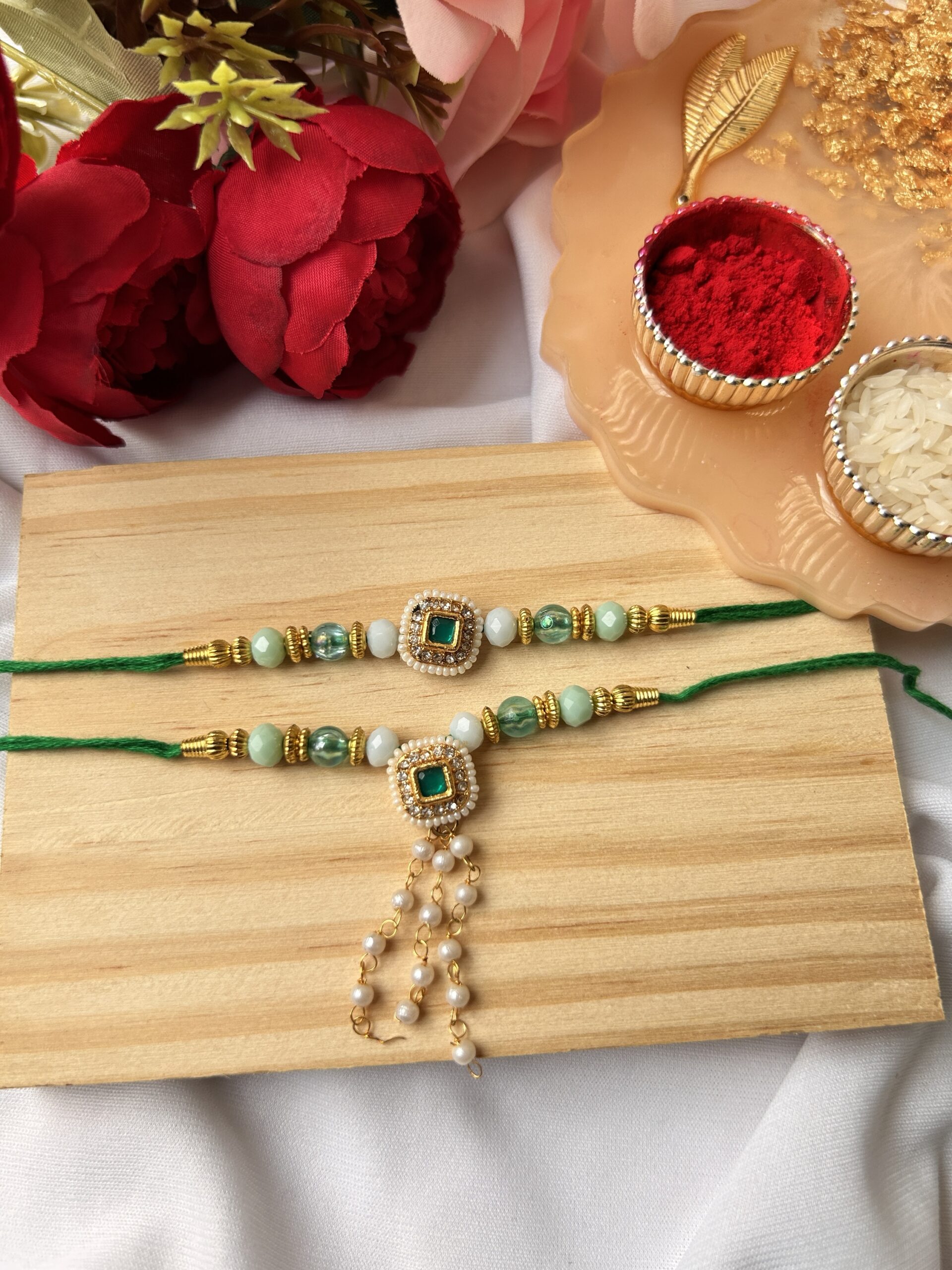 Premium green kundan pearl couple rakhi set - Image 3