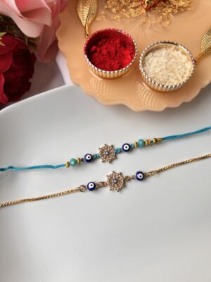 Premium chakra Evil eye couple rakhi set