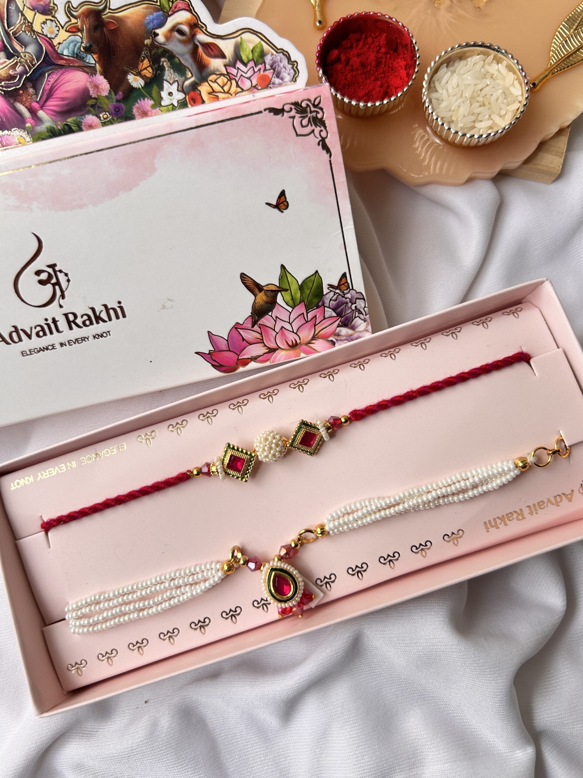 Premium red pearl couple rakhi set - Image 2