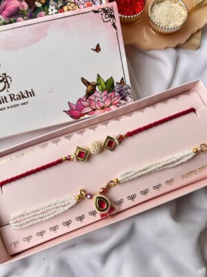 Premium red pearl couple rakhi set