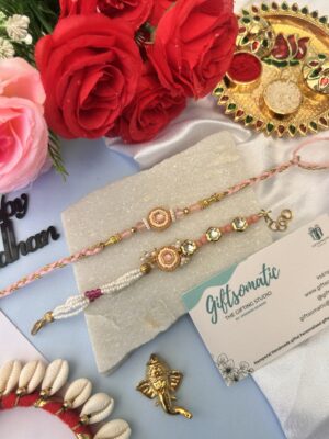 Pink Kundan couple Rakhi | handmade. Couple Rakhi | Traditional bhai bhabhi Rakhi set