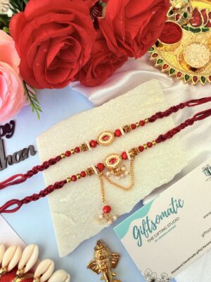 Red  Kundan couple Rakhi | Traditional handmade couple Rakhi