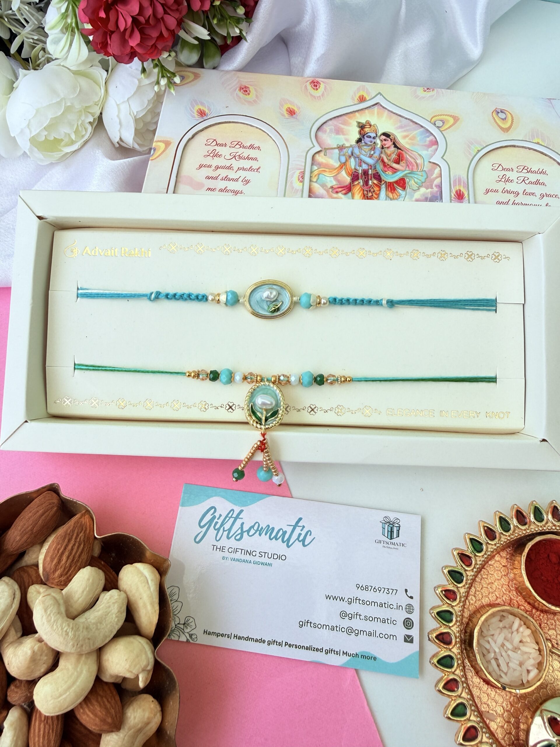 Premium floral bhaiya bhabhi AD rakhi set | couple Rakhi set Copy - Image 2