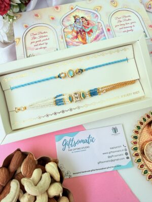 Premium Kundan bracelet couple AD rakhi set  | sky blue, pink, dusty blue
