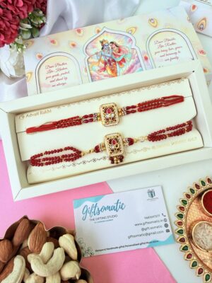 Premium red ruby Kundan couple rakhi set | couple Rakhi set