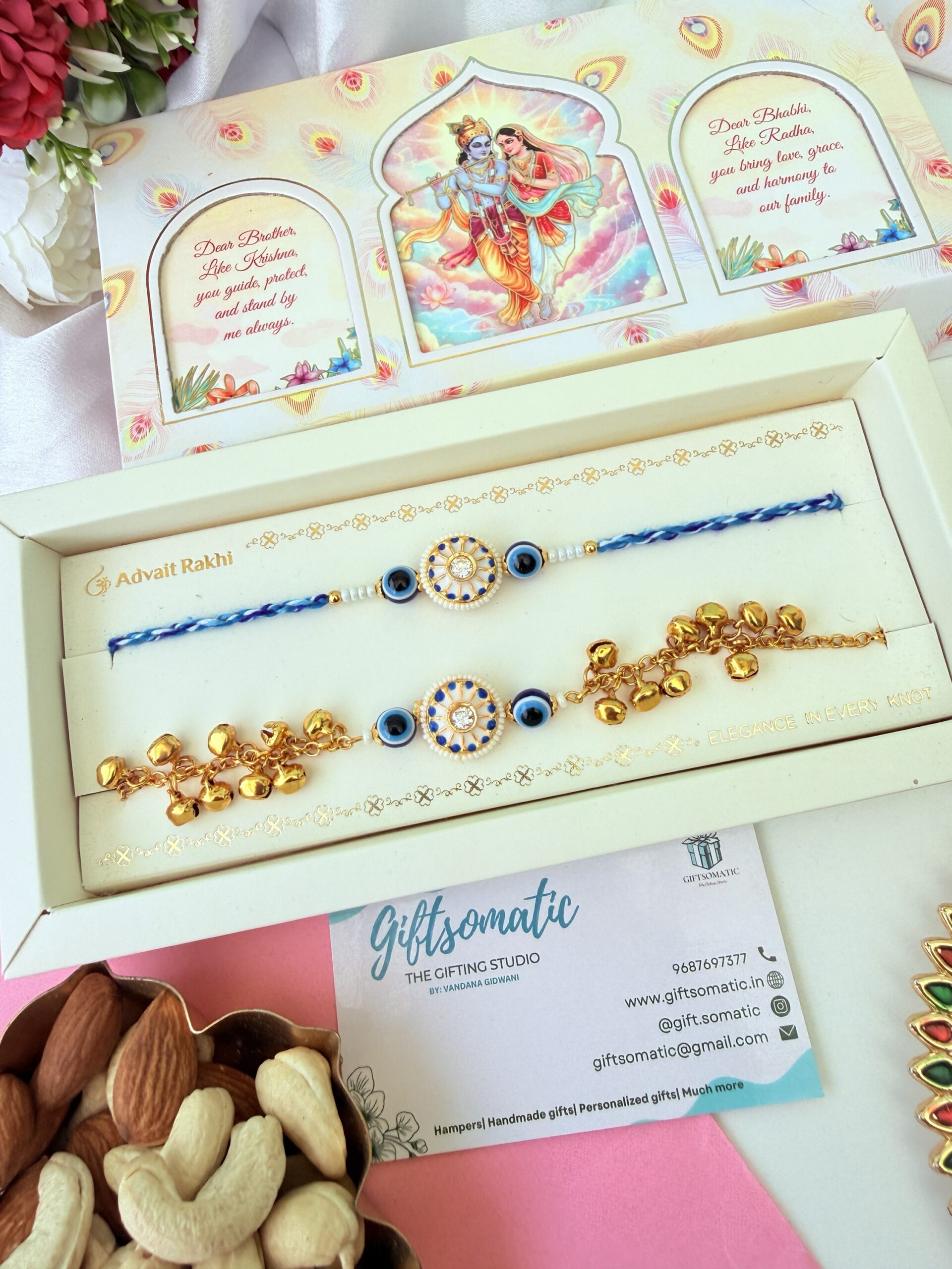 Premium Kundan ghungroo couple AD rakhi set | bhaiya bhabhi Rakhi set - Image 2