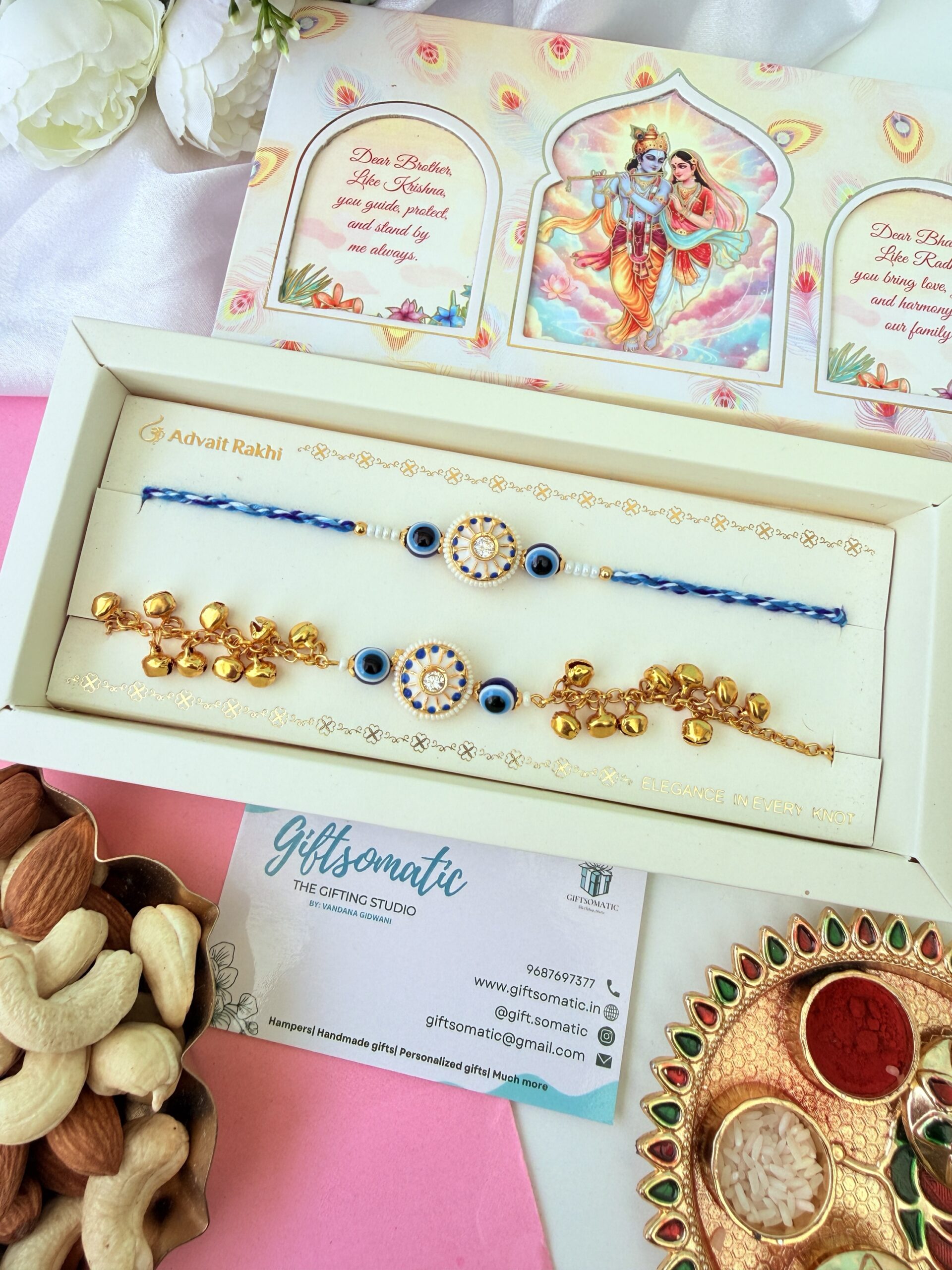 Premium Kundan ghungroo couple AD rakhi set | bhaiya bhabhi Rakhi set - Image 3
