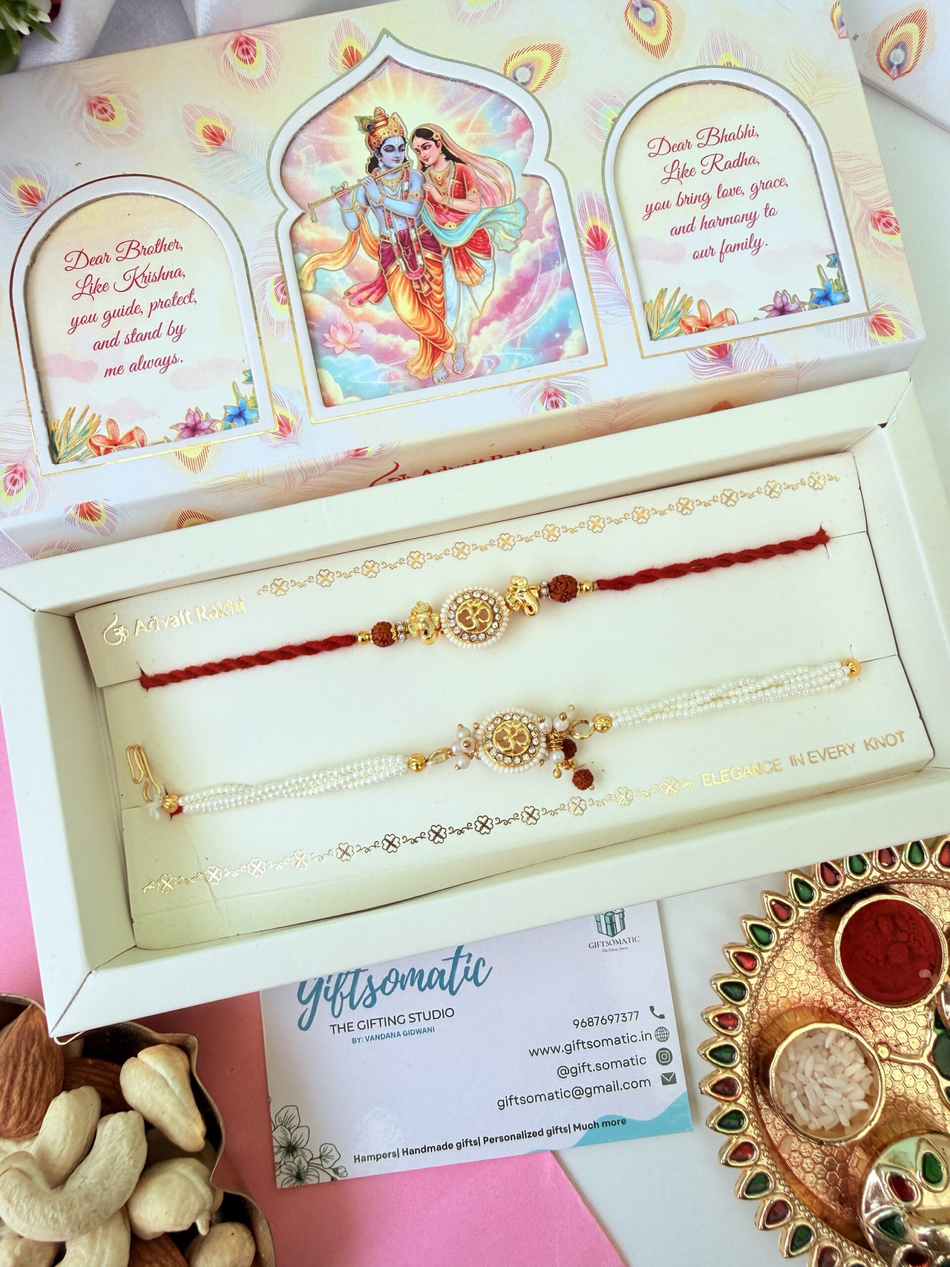 Rudraksha om Kundan couple AD rakhi set  | bhaiya bhabhi Rakhi set