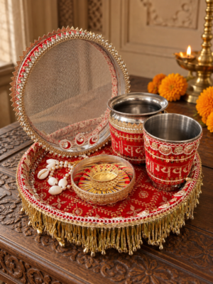 Red sada soubagyawati karwachouth thali set | Designer Karwachauth thali set