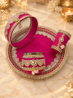 Rani pink karwachouth thali set | Designer Karwachauth thali set