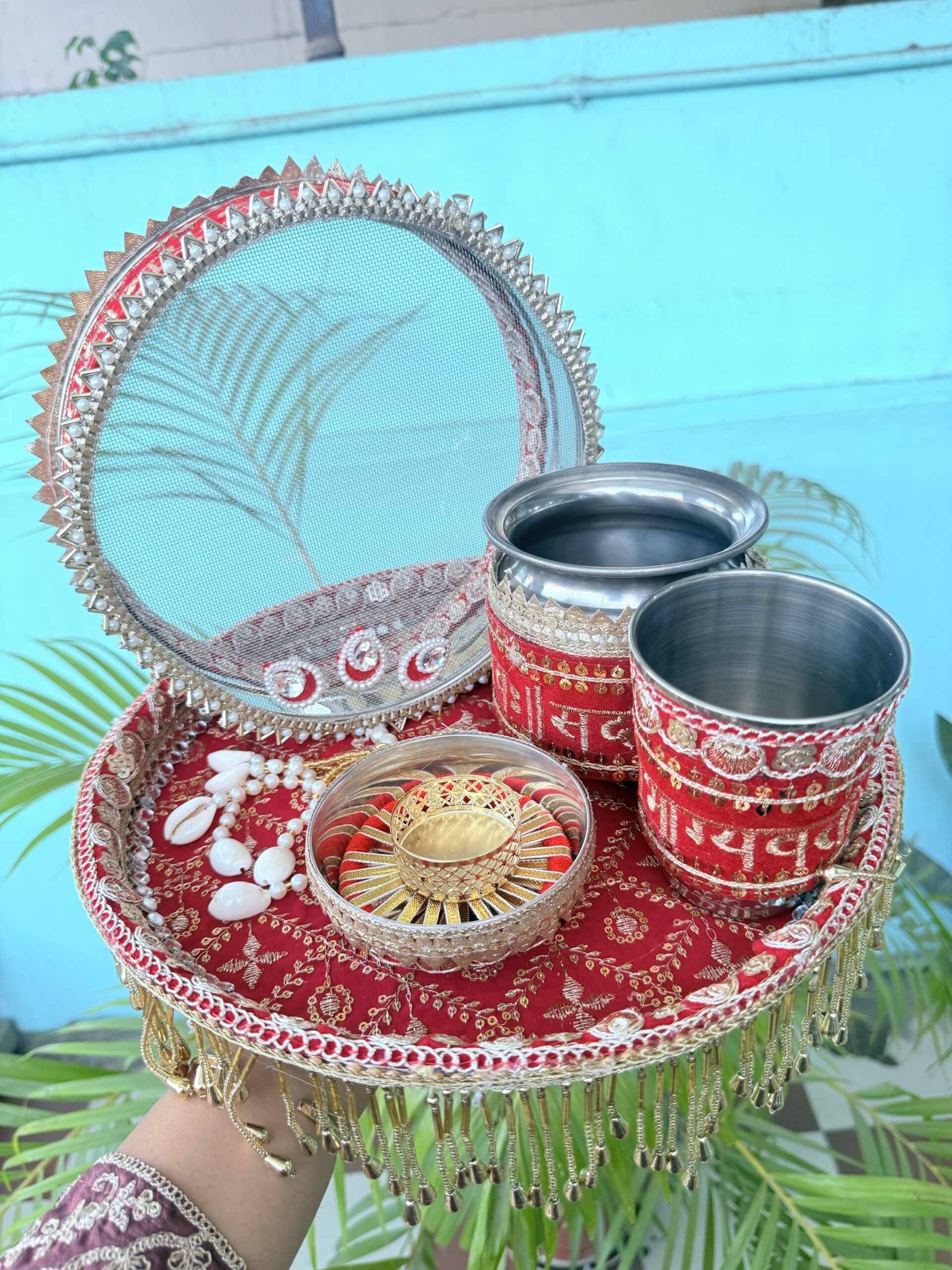 Red sada soubagyawati karwachouth thali set | Designer Karwachauth thali set - Image 2